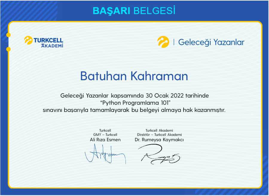 Python Python Programlama 101 Sertifikası Batuhan Kahraman | Geleceği ...