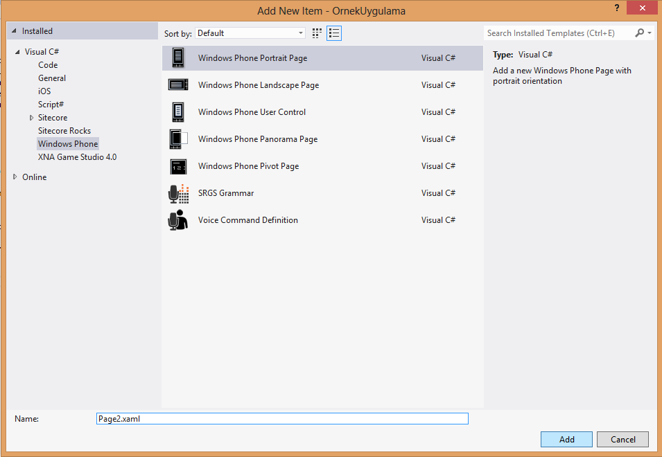 Windows Phone projesinde yeni bir Sayfa ekleme ekranı