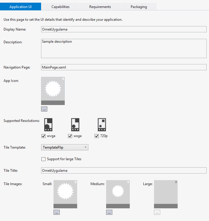  AppManifest.xml dosyasından görüntüler.ApplicationUI Sekmesi aktif halde