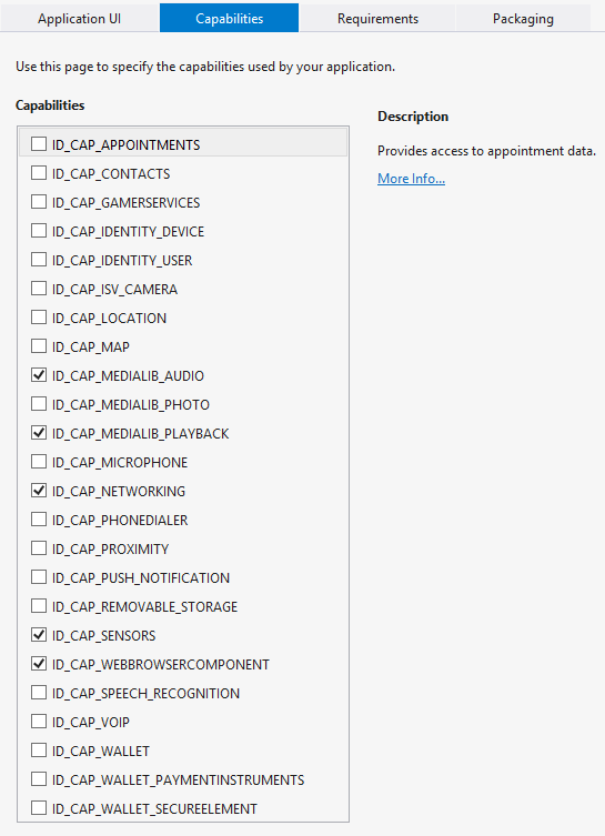 AppManifest.xml dosyasından görüntüler.Capabilities Sekmesi aktif halde