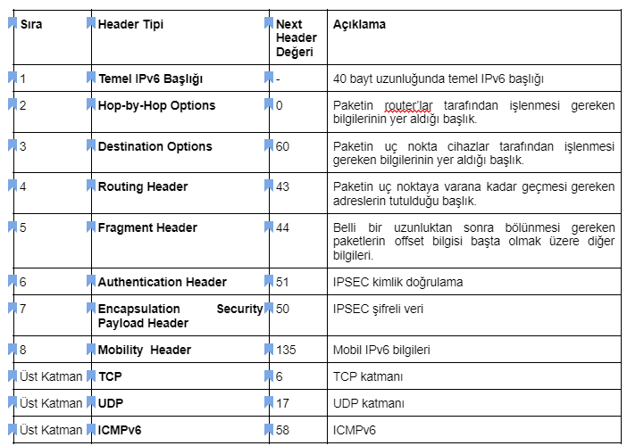 Tablo 1: IPv6 Extension Header Bilgileri